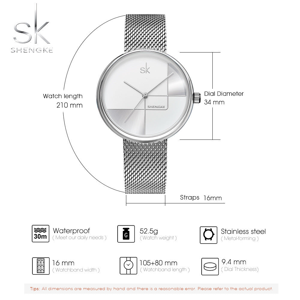 SK Women’s Quartz Watch – Stainless Steel Mesh Strap, Waterproof Fashion Wristwatch