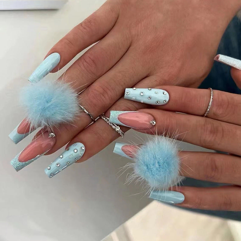 Long Blue Coffin Press-On Nails – Rhinestone & Pom Accent Acrylic False Nails