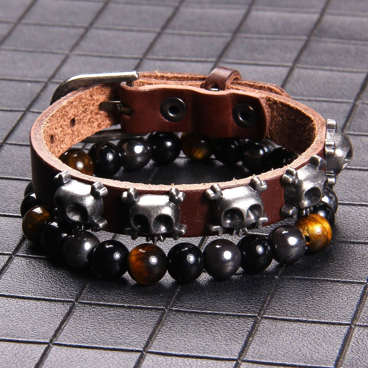 Unisex Tiger Eye & Agate Bead Bracelet – Punk Rock Rivet Design
