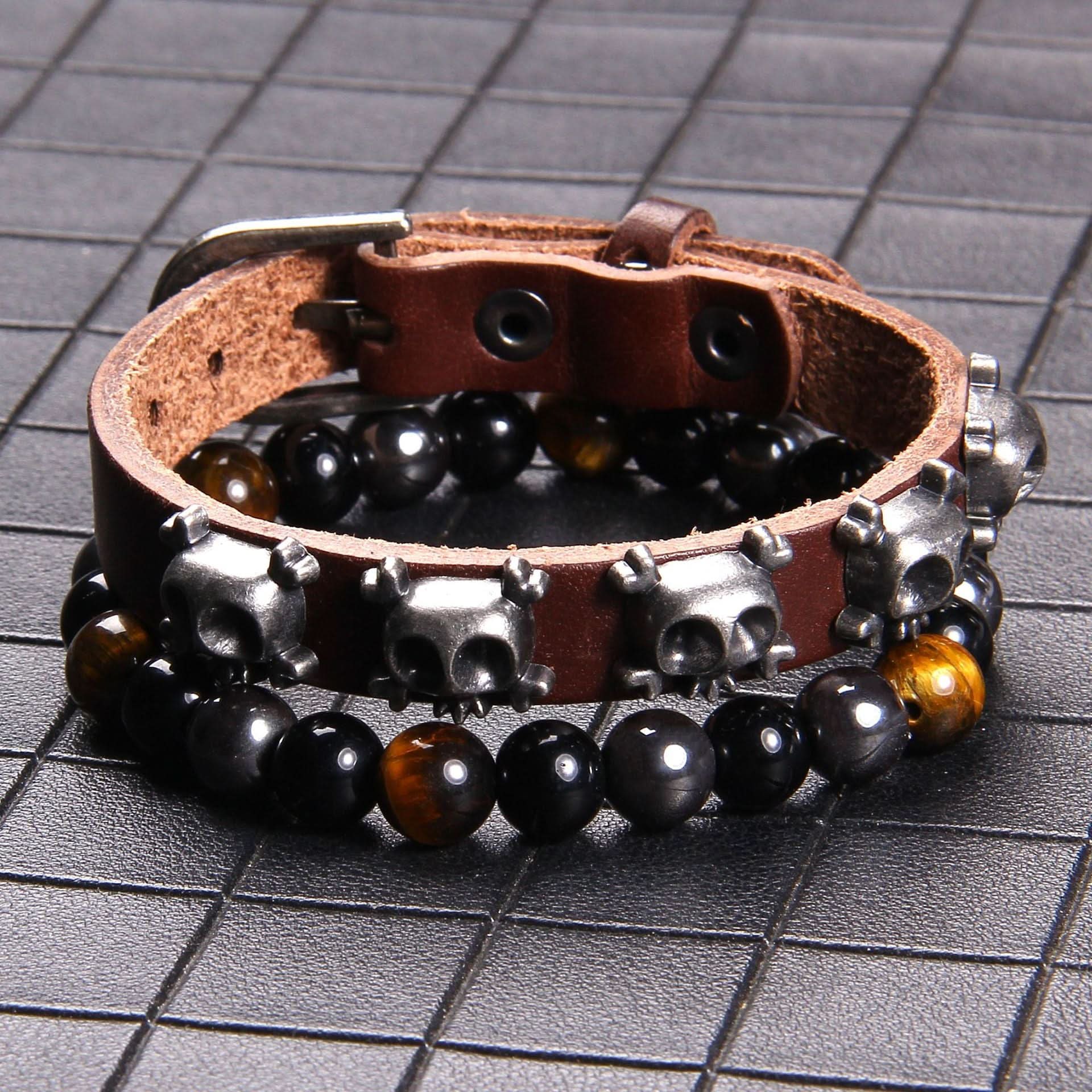 Unisex Tiger Eye & Agate Bead Bracelet – Punk Rock Rivet Design