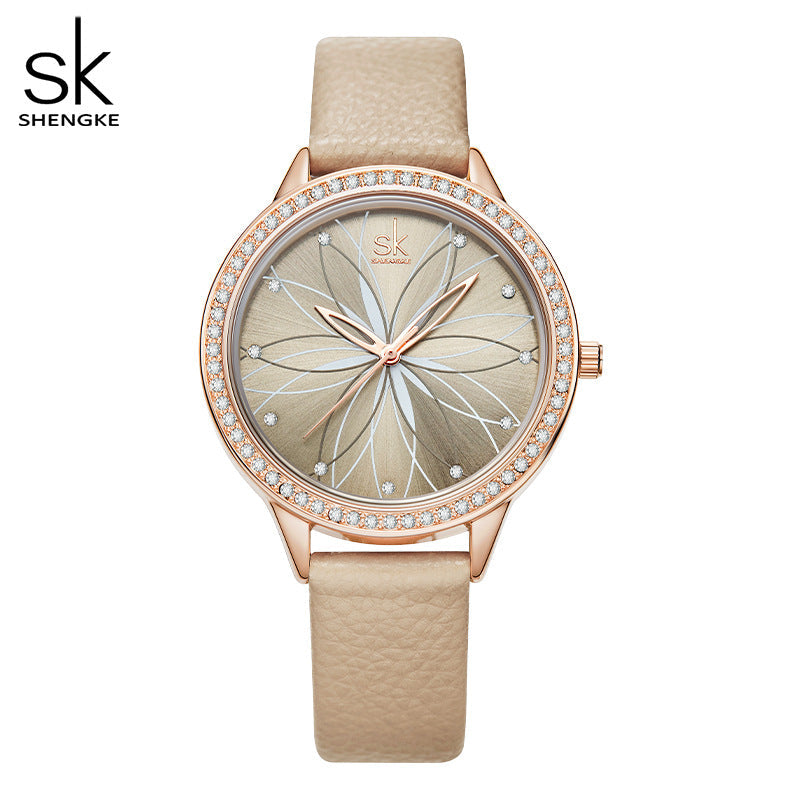 SK Fashion Women’s Quartz Watch – 30M Waterproof PU Strap, Sun Pattern Dial
