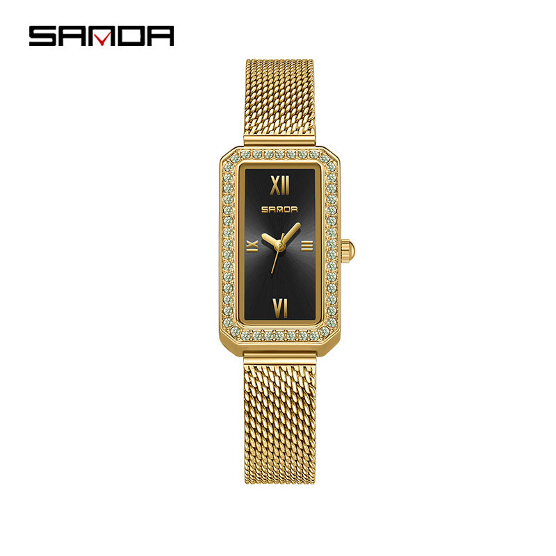SANDA Women's Quartz Watch – Retro Diamond-Accented, Mesh Steel Band