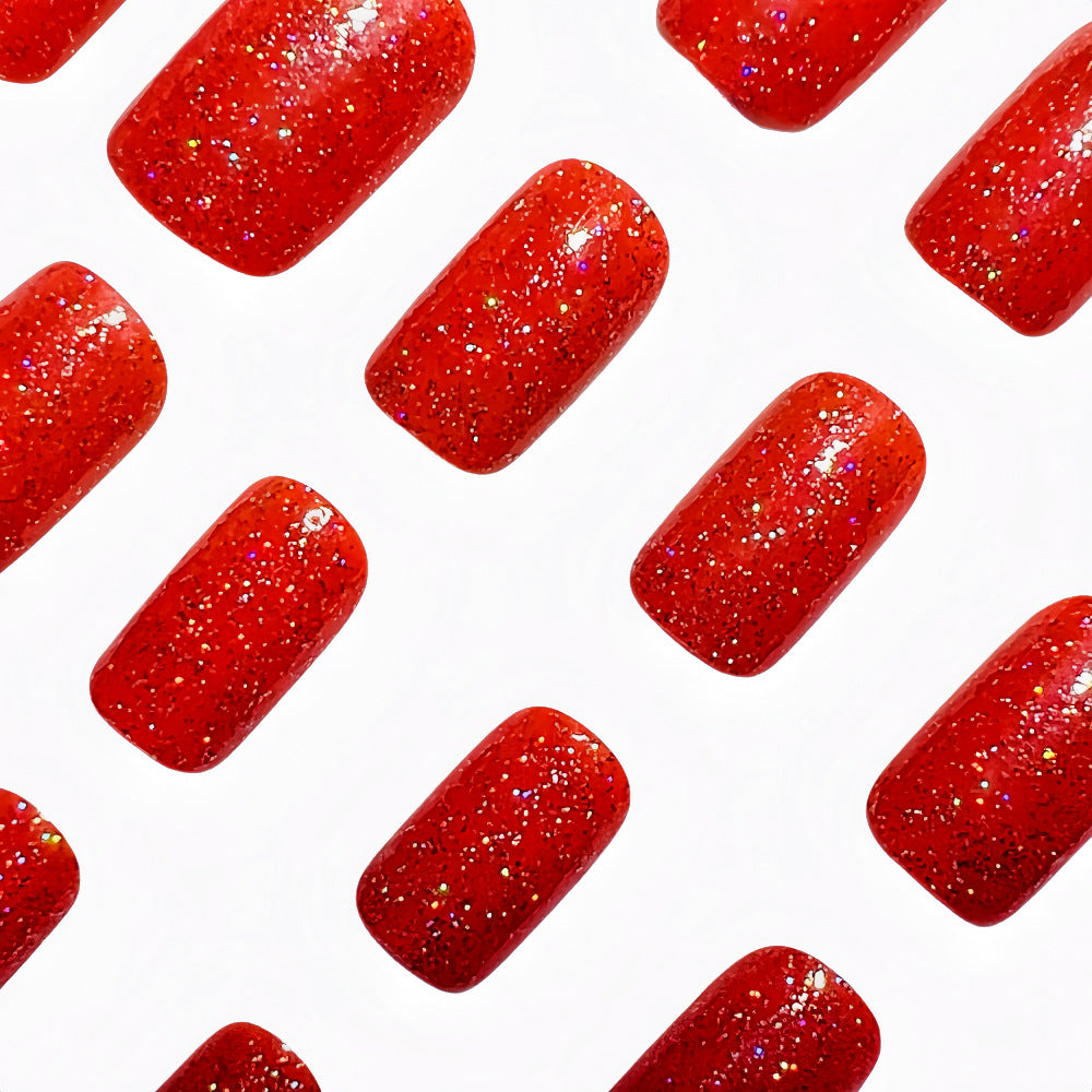 Glam Chic Red Shimmer Press-On Nails – Square Gradient Glitter Acrylic Nails Set