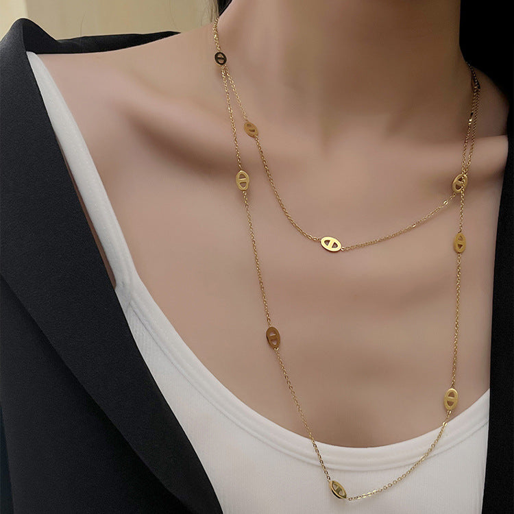 Double-Layer Titanium Steel Long Necklace – Light Luxury Women’s Pig Nose Chain