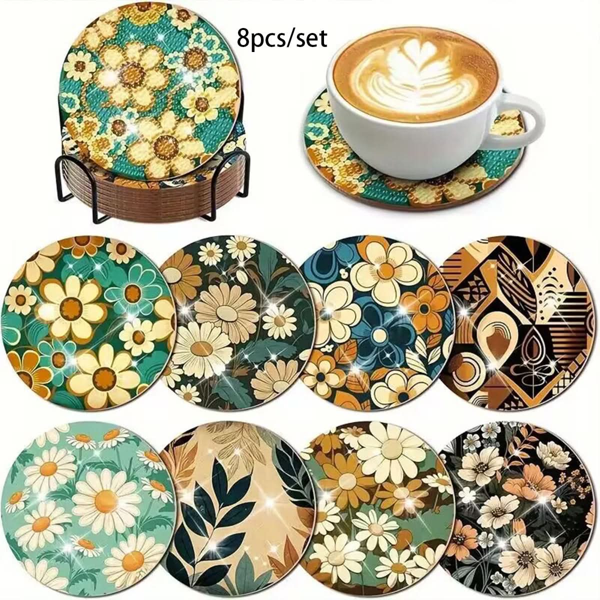 8-Piece DIY Diamond Painting Coasters - Mandala Blue & White Porcelain Design