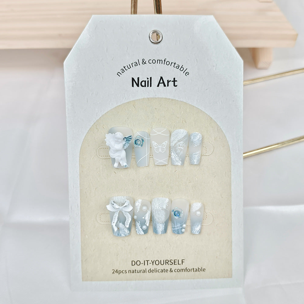 3D Angel Press-On Nails – White Coffin Acrylic Nail Set with Snowflake & Floral Accents
