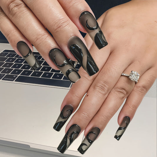 Elegant Black Swirl Coffin Press-On Nails – Reusable Long Nude Acrylic Set
