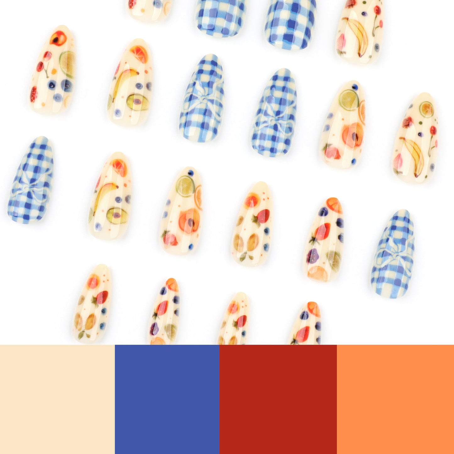 Blue Checkered Fruit Press-On Nails – Medium Coffin Glossy Summer Nail Art Set