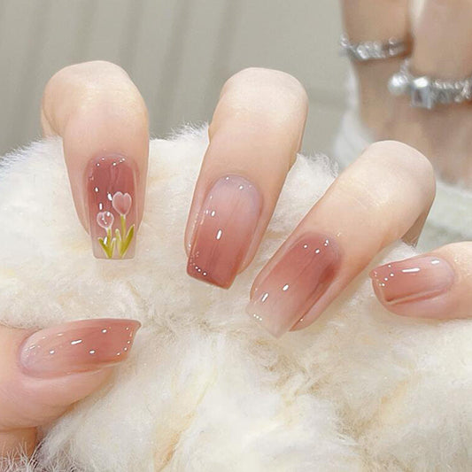 Floral Ombre Press-On Nails – Medium Square Acrylic Nail Set, Nude & Pink
