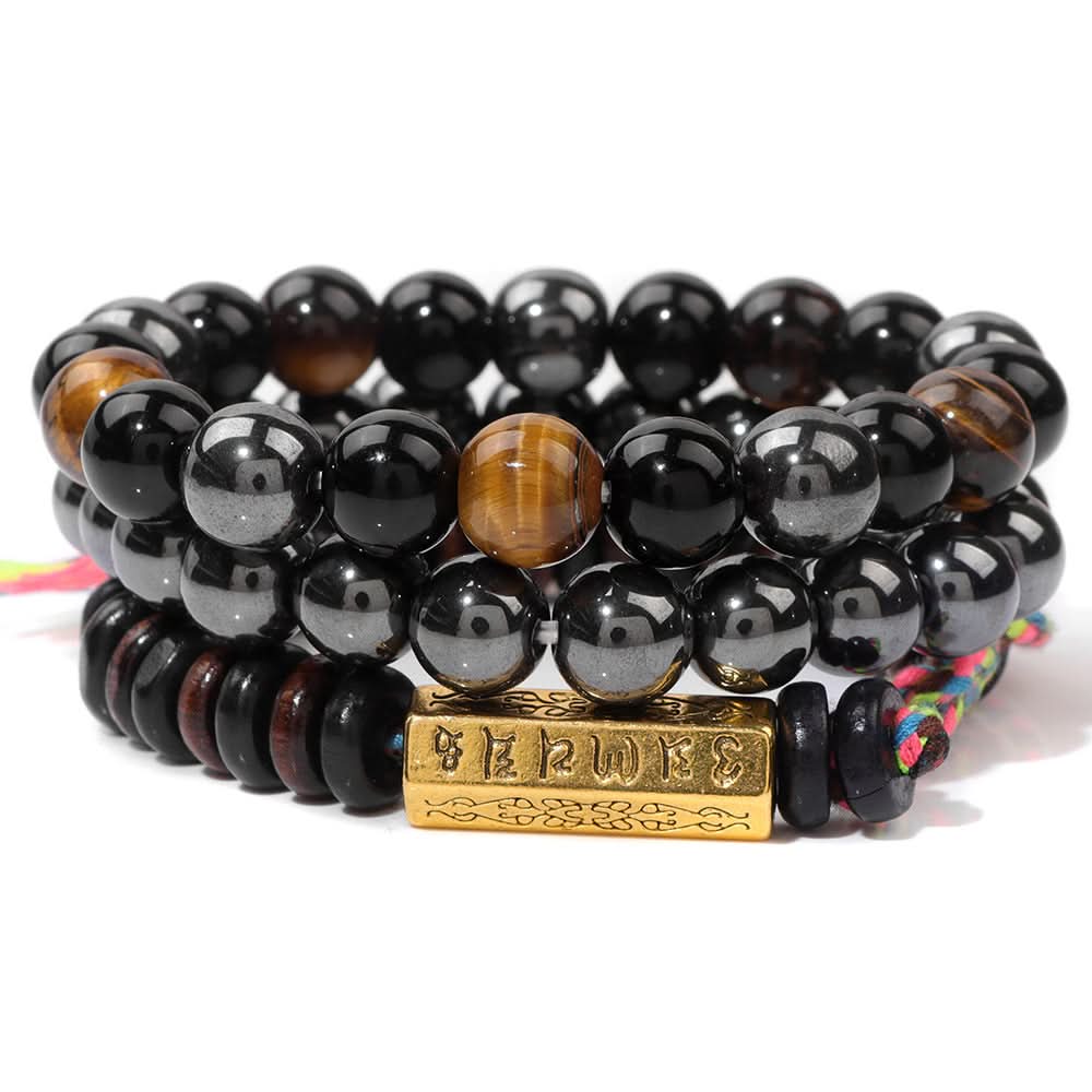 Unisex 3-Piece Tiger Eye & Agate Bead Bracelet Set – Six-Word Mantra