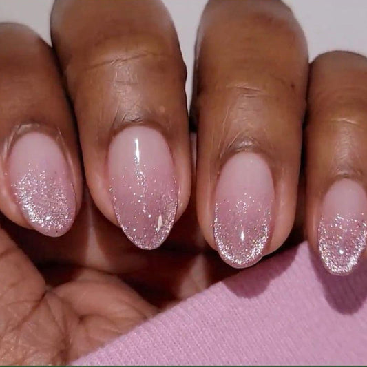 Glitter Cat Eye Press-On Nails – Almond Pink Acrylic Glossy Glue-on Nail Set