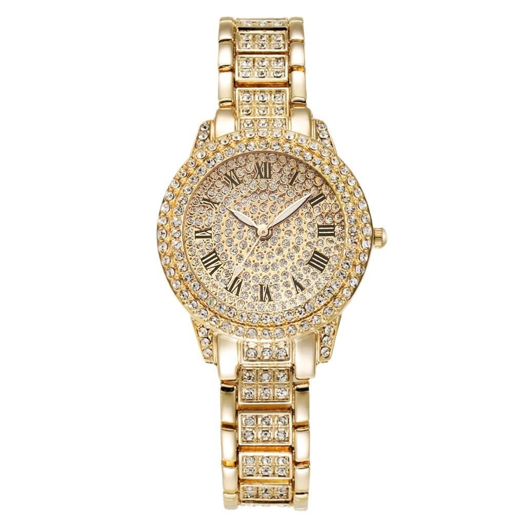 Luxury Full-Diamond Steel Quartz Watch – Roman Numerals, Hip-Hop Style Bracelet Set