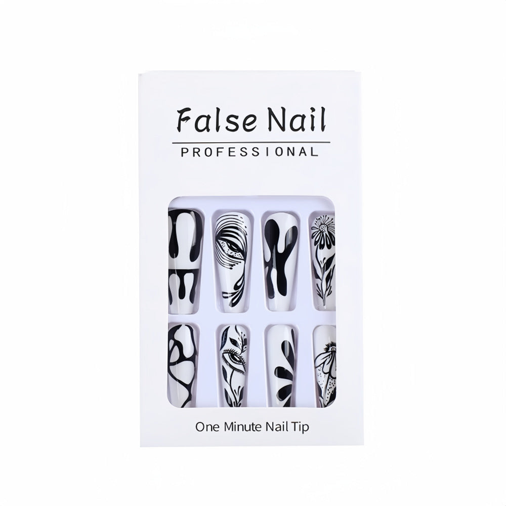 Abstract Face Sketch Press-On Nails – Extra Long Black & White Coffin Glue-On Set