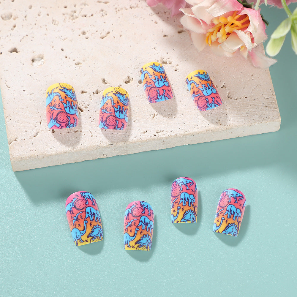Playful Dinosaur Press-On Nails – Neon Rainbow Square Matte Acrylic Set