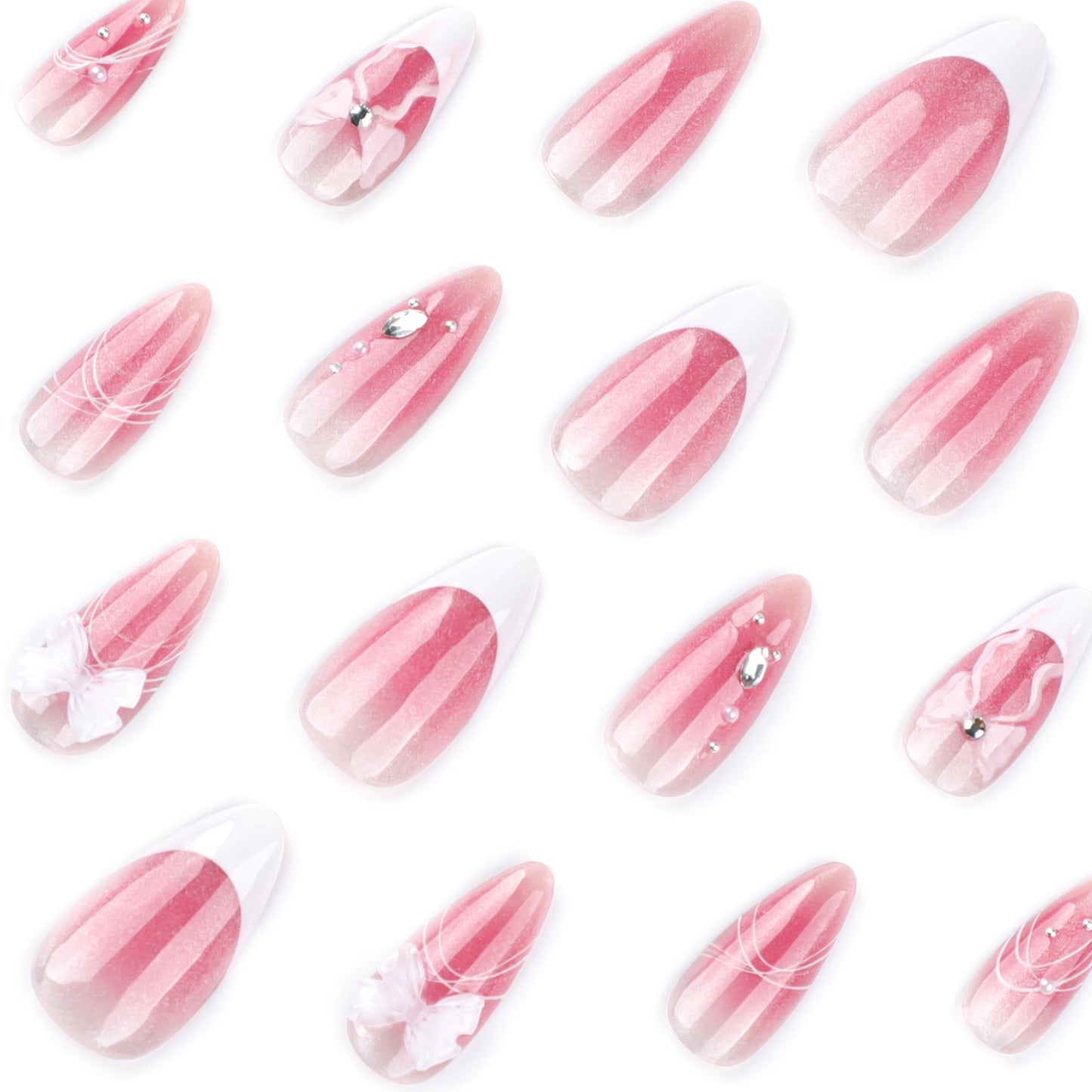 Cat Eye Gradient Press-On Nails – Medium Almond Pink Embellished French Bow Set