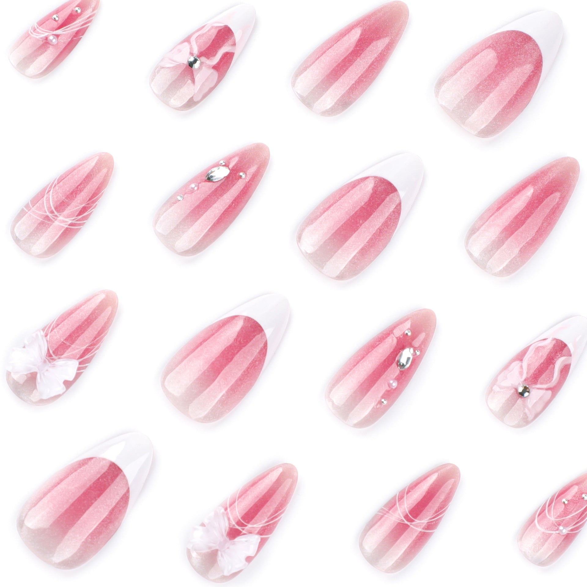 Cat Eye Gradient Press-On Nails – Medium Almond Pink Embellished French Bow Set