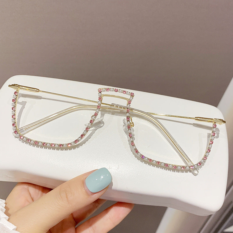 Women’s Rhinestone Decorative Glasses – Half-Frame Trendy Street Style Eyewear