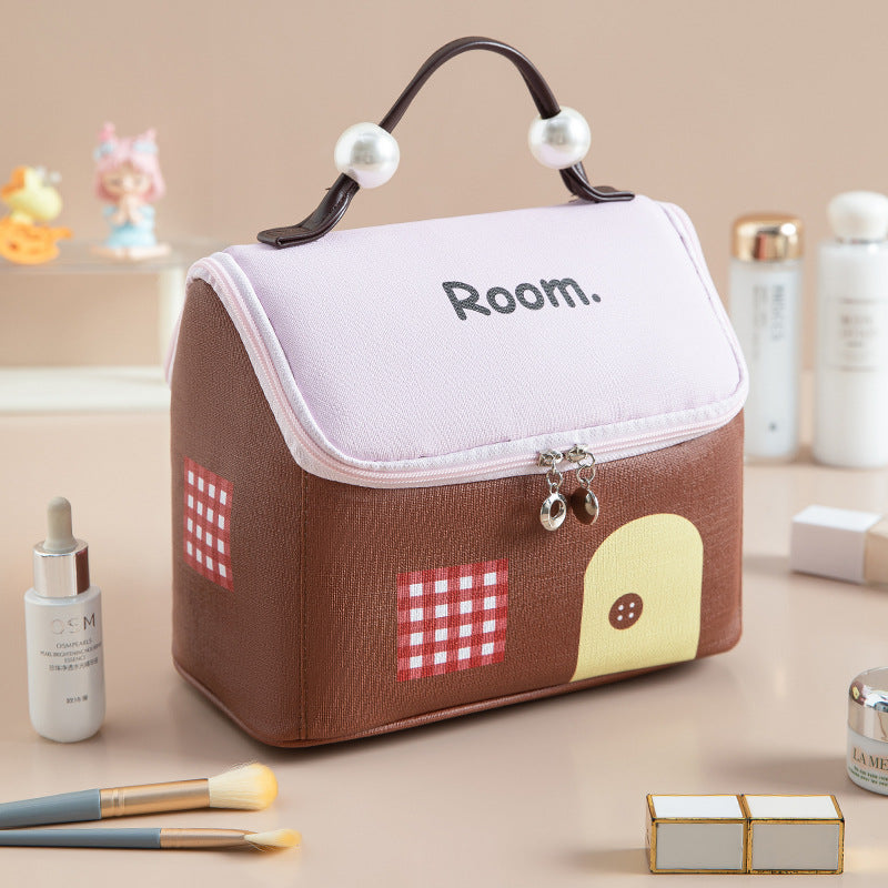 Cute House Cosmetic Bag – Large Capacity Travel Makeup Organizer with Wide Opening