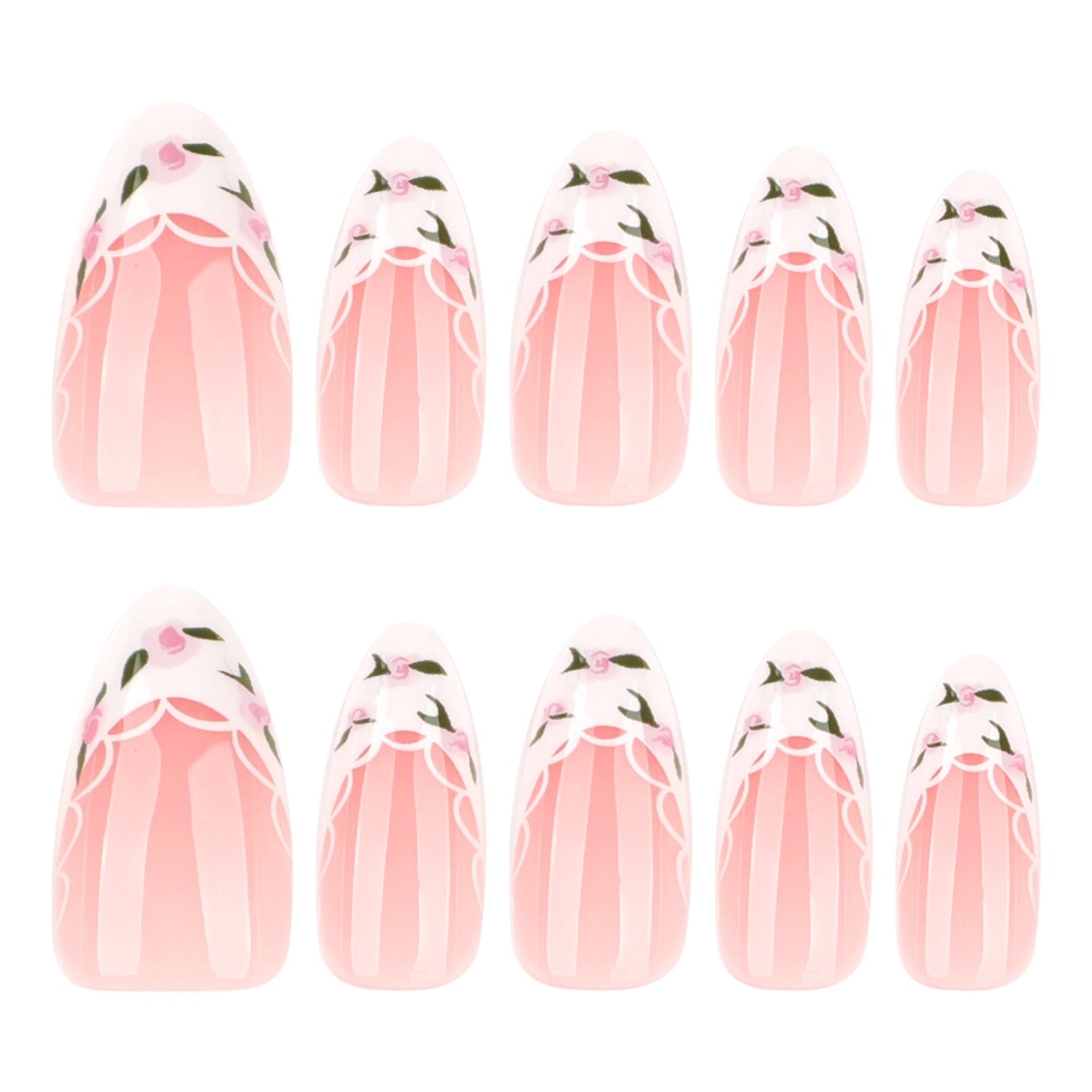 Romantic Floral French Tip Press-On Nails – Almond Shape, Glue-On Set