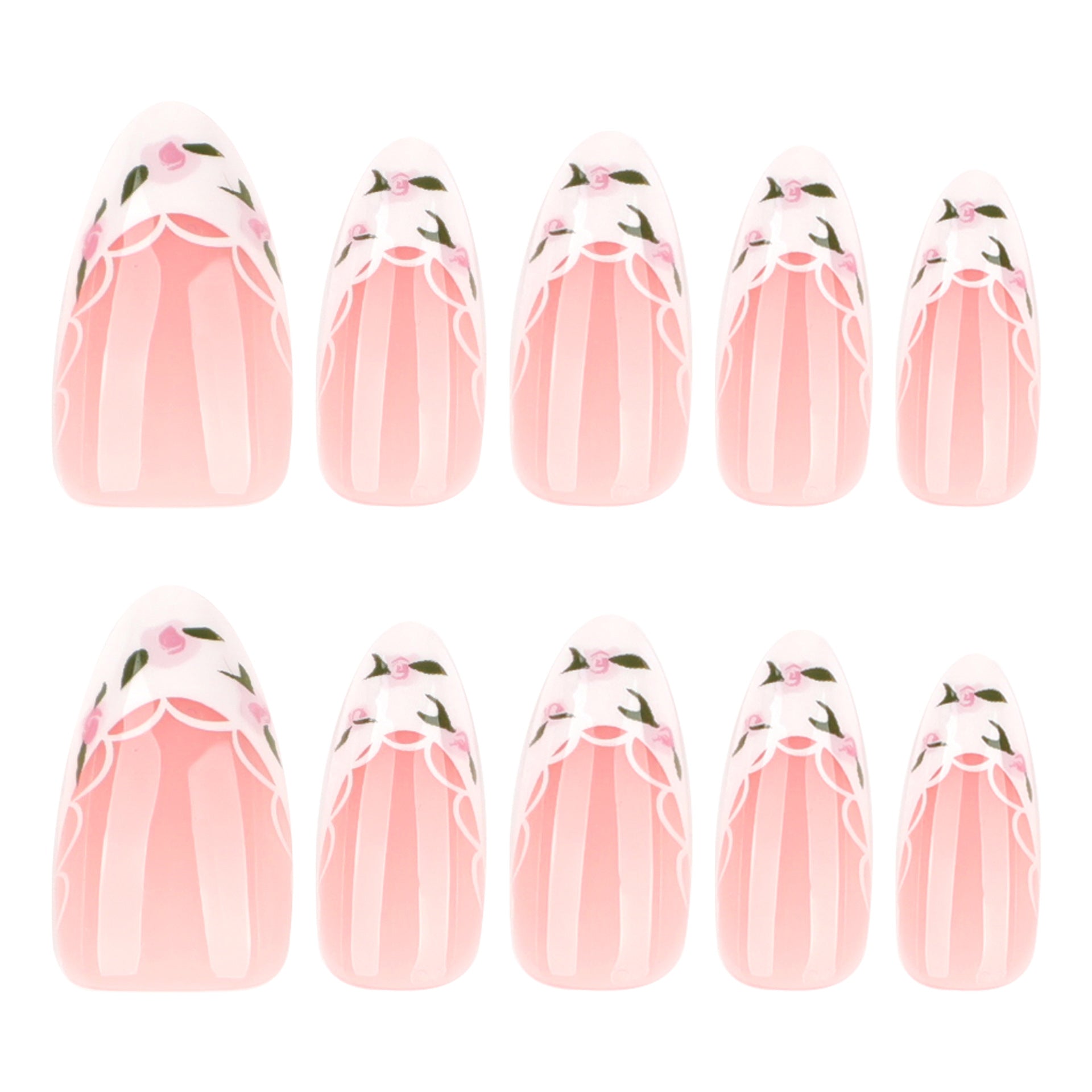 Romantic Floral French Tip Press-On Nails – Almond Shape, Glue-On Set