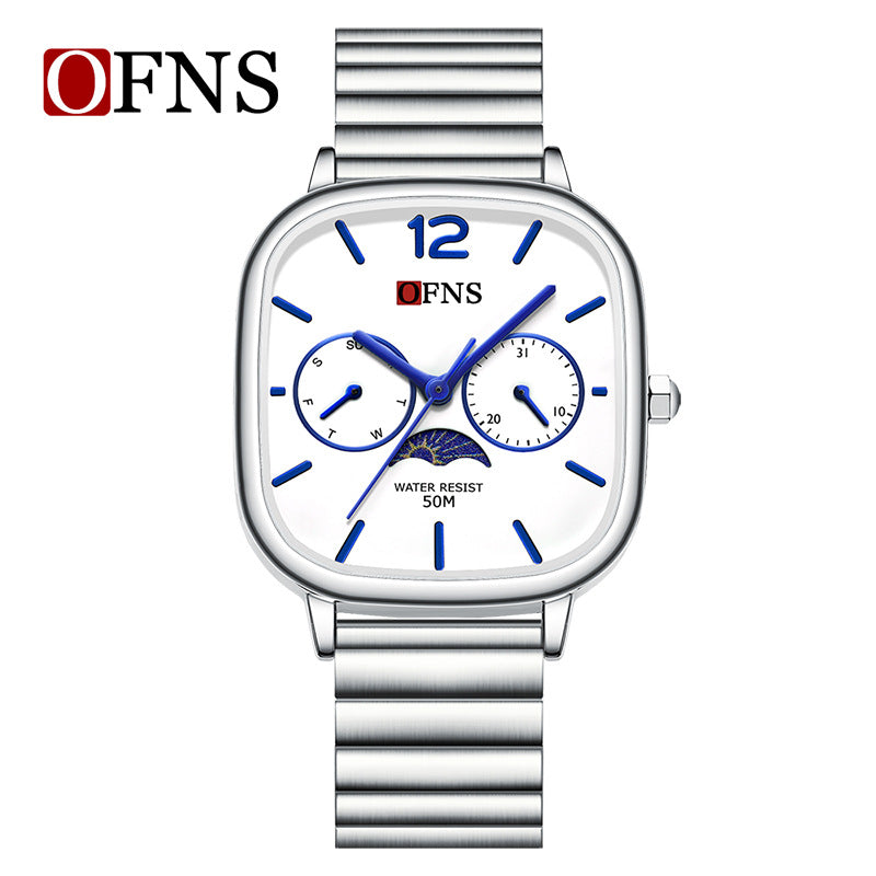 OFNS Square Quartz Watch with Moon Phase & Calendar – Waterproof Business Unisex Watch