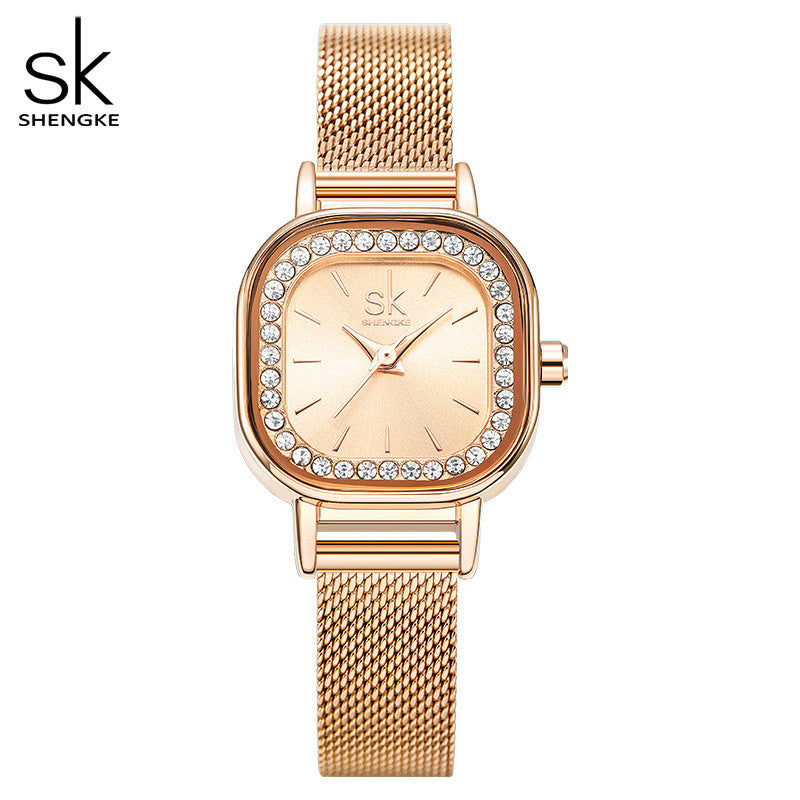 SK Women’s Diamond Quartz Watch – Square Dial, Waterproof Mesh Strap Timepiece