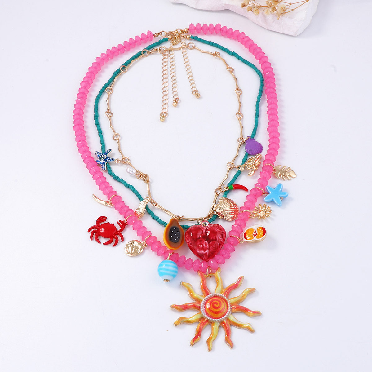Colorful Sun Face Pendant Necklace – Multi-Layer Alloy Jewelry for Women