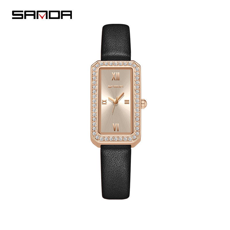 SANDA Women's Quartz Watch – Diamond-Accented Leather Strap, Casual Timepiece