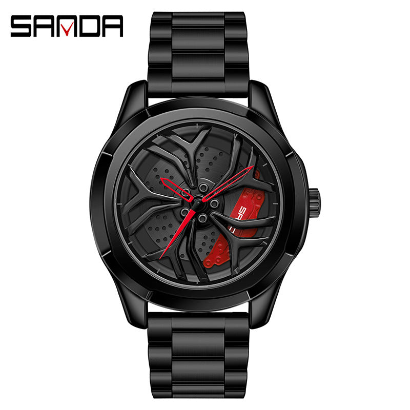 Sanda Men's Quartz Watch – Hollow Wheel Dial, Stainless Steel Strap, Waterproof Timepiece