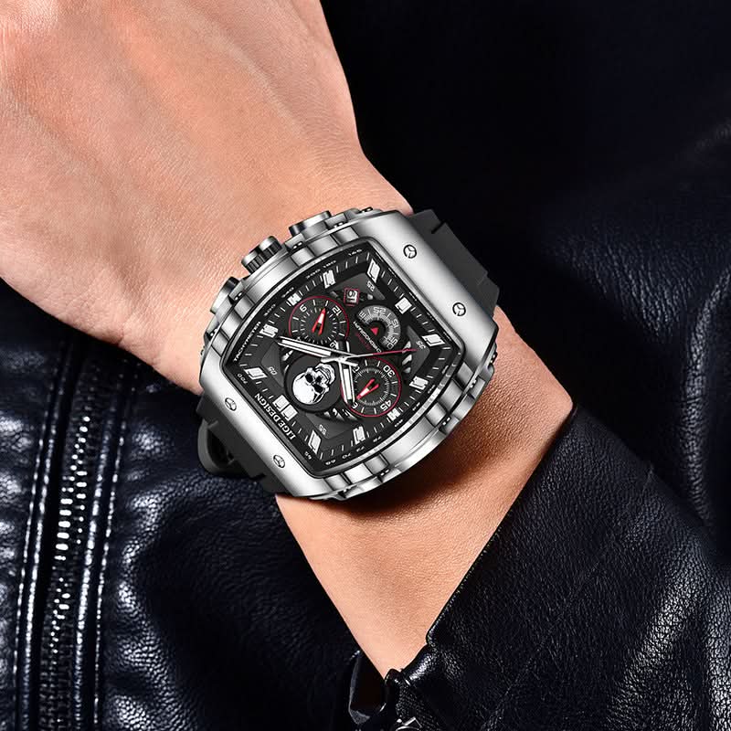 Men’s Skull Dial Quartz Watch – Luminous Barrel-Style Timepiece
