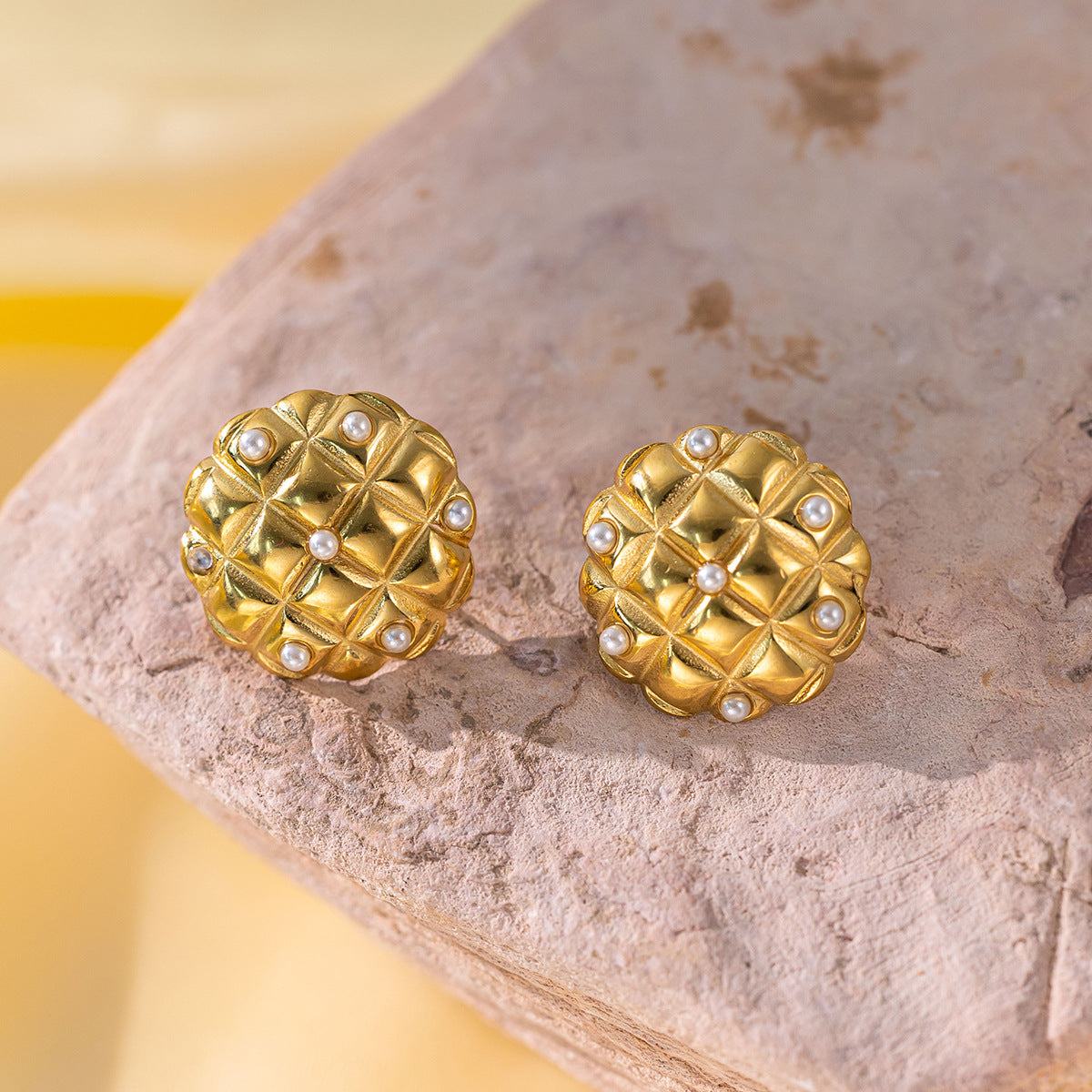 Golden Pearl Titanium Steel Earrings – Textured Stud & Drop Design (Combo of 4)