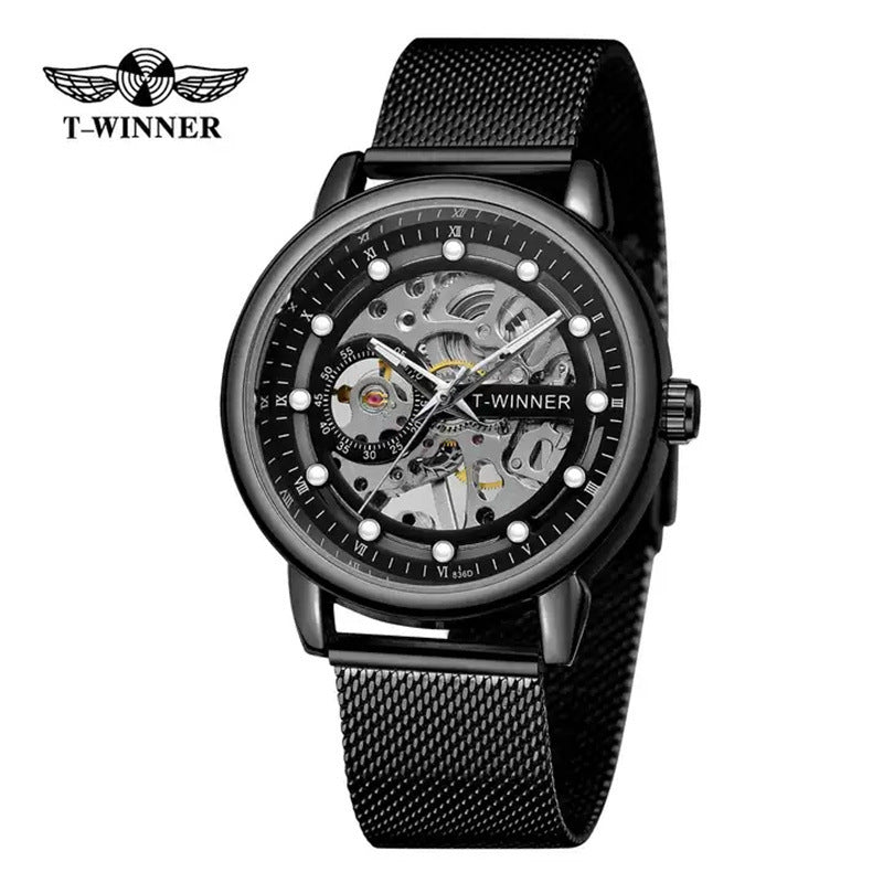 T-Winner Men’s Hollow Mechanical Watch – Mesh Strap, 30M Waterproof, Fashion Casual