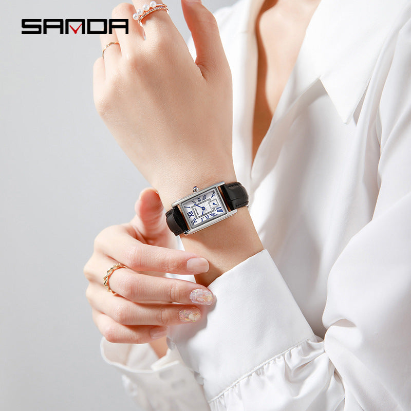 Sanda Women’s Classic Square Quartz Watch – Leather Strap, Semi-Waterproof Watch
