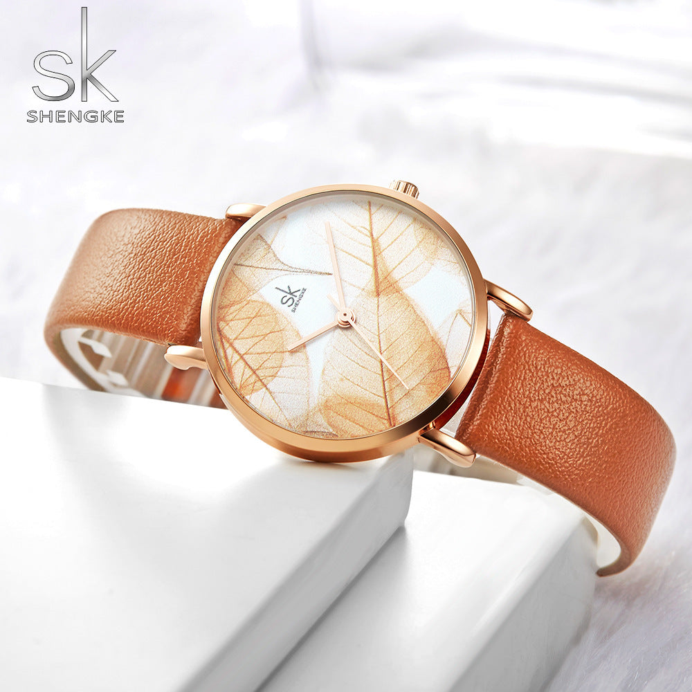 SK Women’s Quartz Watch – Leaf Design Dial with Leather Strap, Waterproof Timepiece