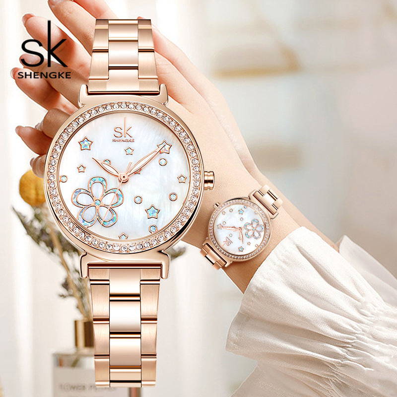 SK Women’s Diamond Quartz Watch – Stainless Steel Strap, Round Dial, 30M Waterproof