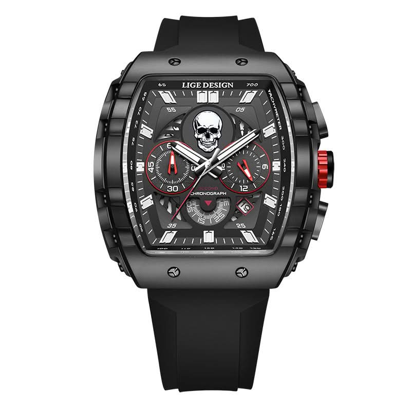 Men’s Skull Dial Quartz Watch – Luminous Barrel-Style Timepiece