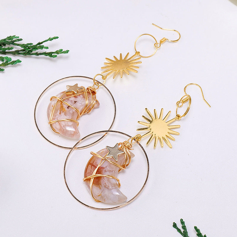 Cherry Blossom Agate Moon Hoop Earrings – Modern Minimalist Jewelry