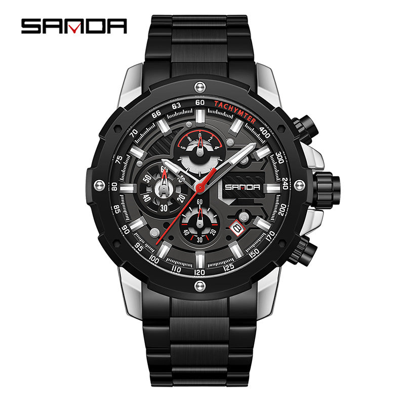 Sanda Men’s Stainless Steel Quartz Watch – Multi-Function Chronograph, Waterproof Watch