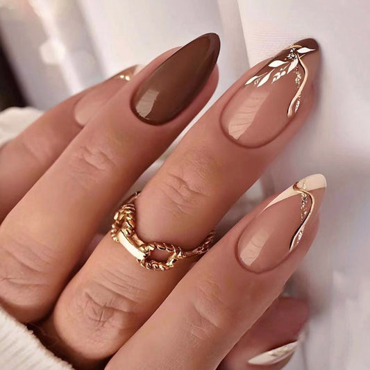Elegant Brown Leaf Press-On Nails – Almond Shape Glossy Acrylic Nails