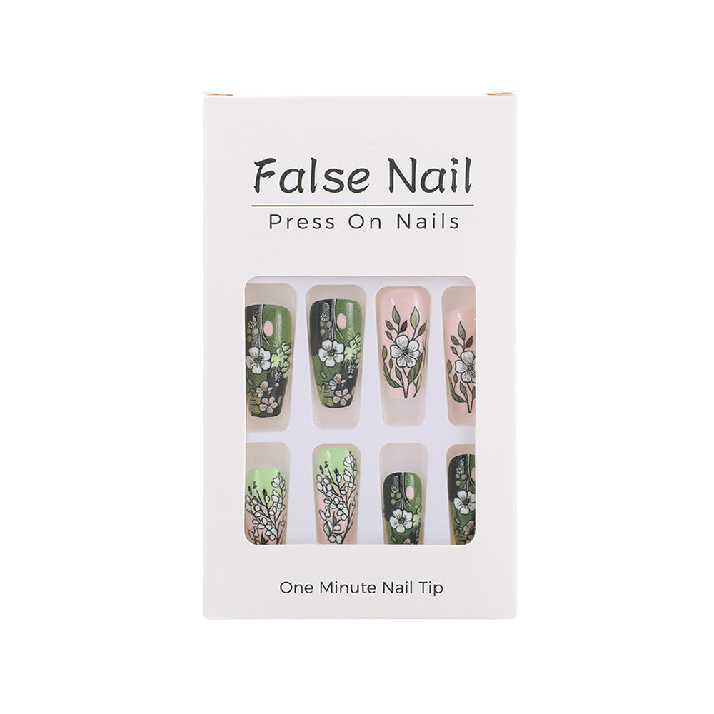 Elegant Floral Coffin Press-On Nails – Matte Green & Black False Nails