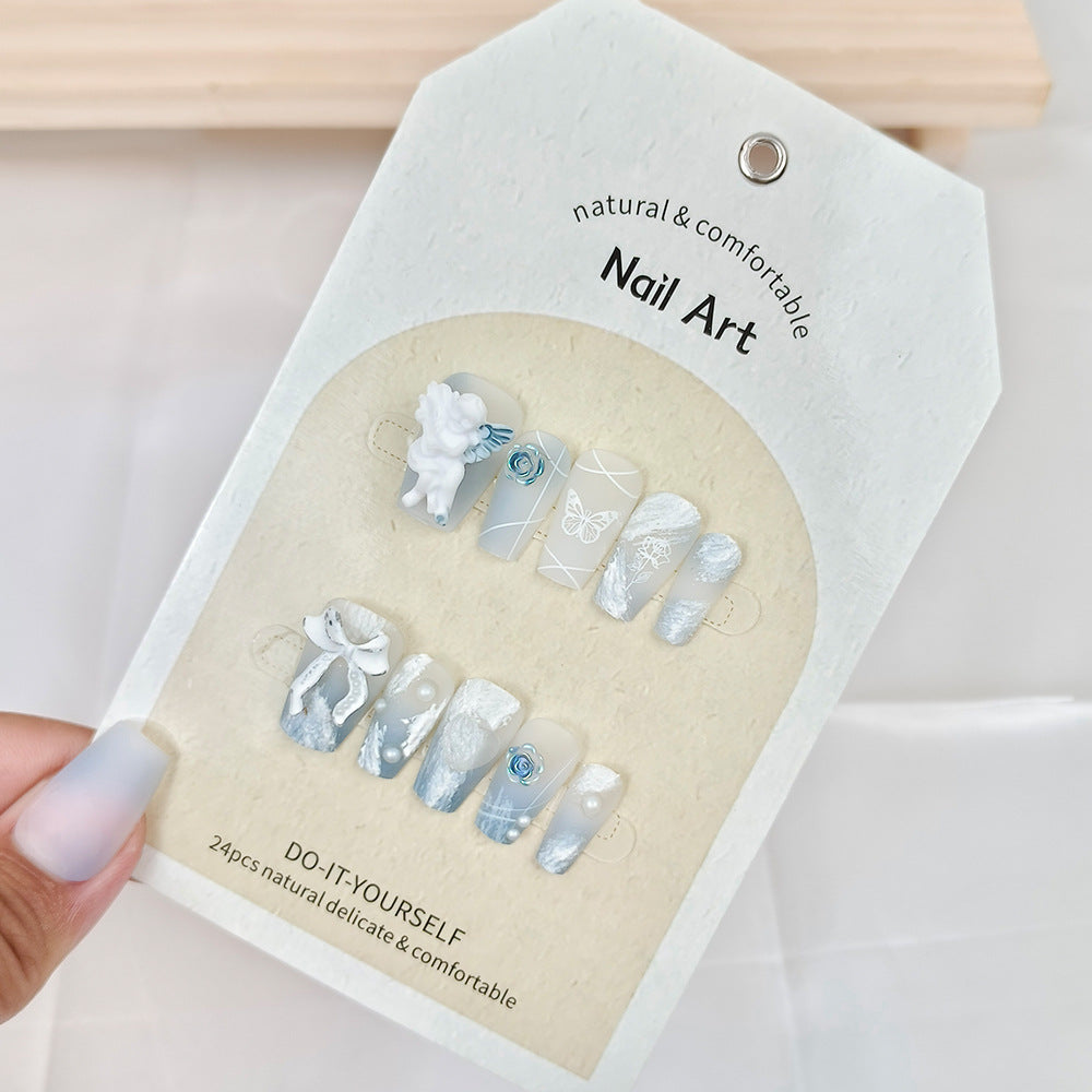 3D Angel Press-On Nails – White Coffin Acrylic Nail Set with Snowflake & Floral Accents
