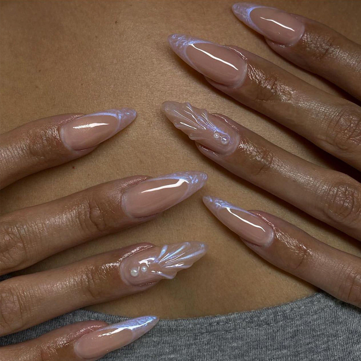 Long Nude Stiletto Press-On Nails with 3D Pearl Embellishments – Glossy Modern Nail Art