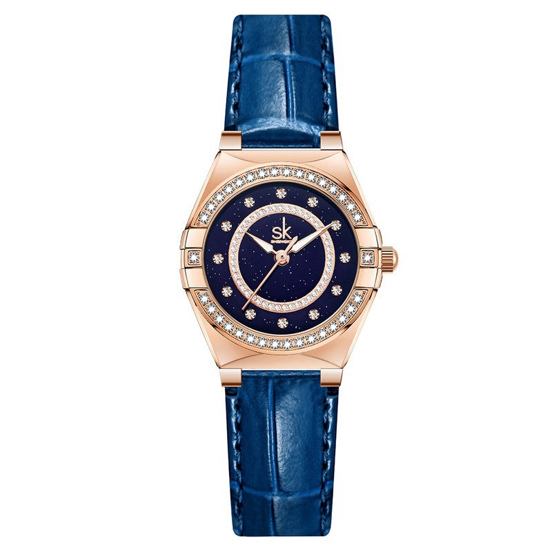 SK Women’s Diamond Quartz Watch – Starry Sky Dial, Leather & Milan Mesh Strap