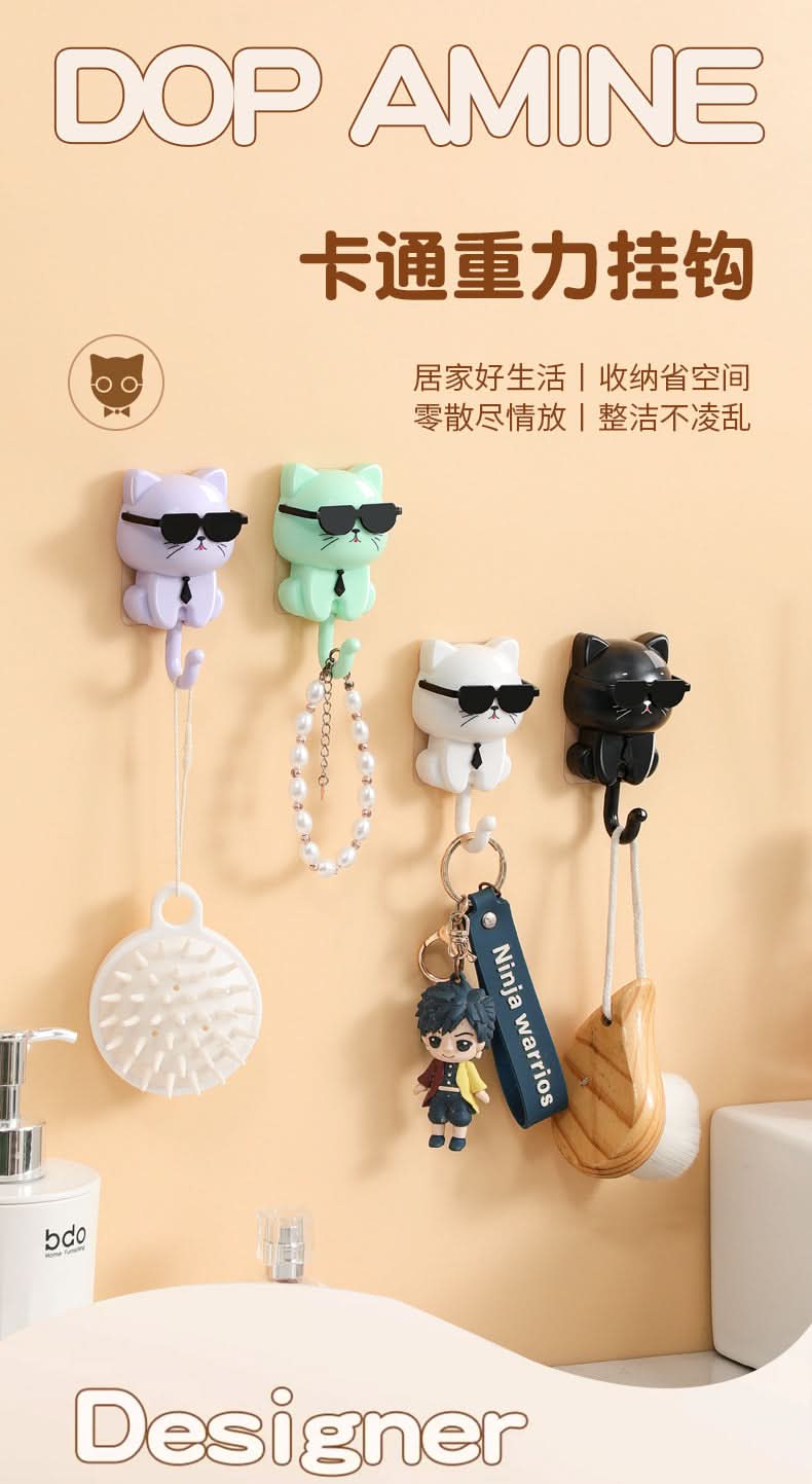 Cute Black Cat Wall Hook – No-Drill Adhesive Key Holder, Rotating Eyes