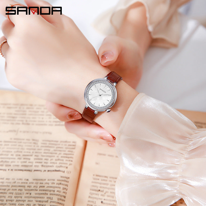 Sanda Women’s Leather Quartz Watch – Diamond Accent Small Dial, Waterproof Analog Watch