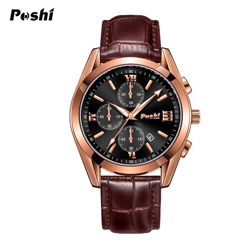 Men’s Luminous Dial Quartz Watch – Leather Strap, Calendar