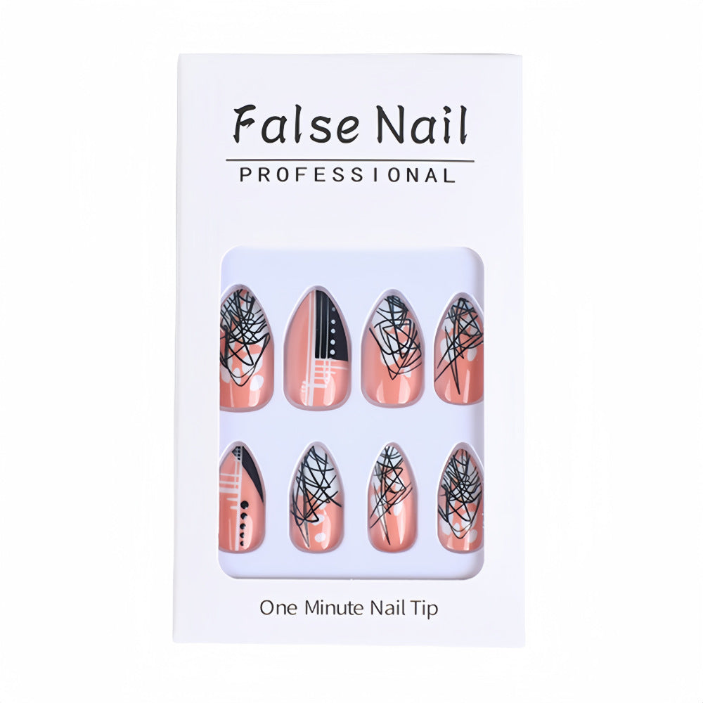 Abstract Stiletto Press-On Nails – Nude & Black Long Artistic Line & Dot Design Set