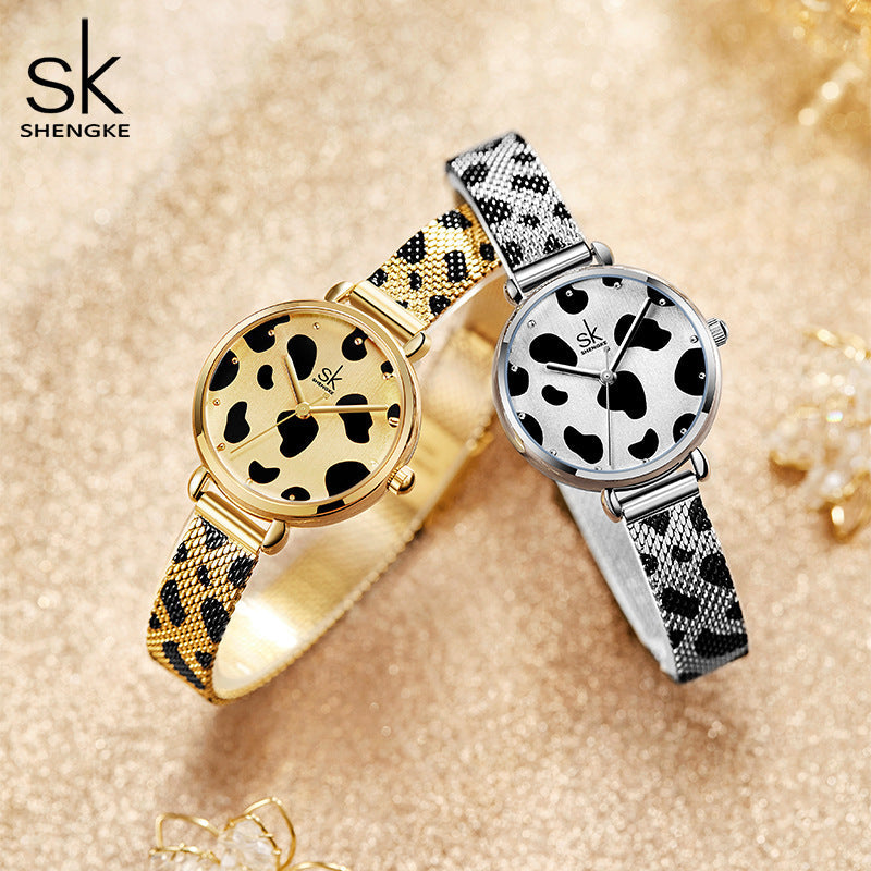 SK Women’s Quartz Watch – Leopard Print Mesh Strap, Slim Waterproof Fashion Design