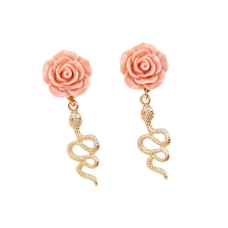 Women’s Geometric Rose Earrings – Retro Snake-Shaped Metal Long Drop Design