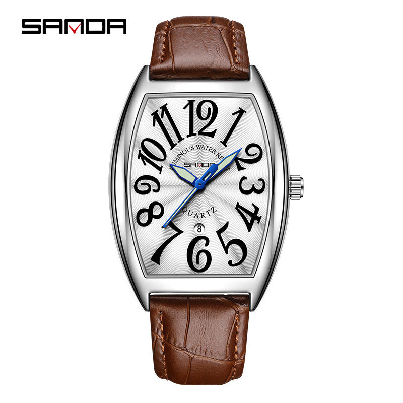 Sanda Men’s Quartz Digital & Analog Watch – Leather Strap Barrel Dial with Calendar